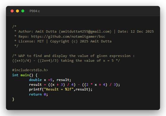 WAP to find and display the value of given expression : ((x+3)/4) - ((2x+4)/3) taking the value of x = 5
